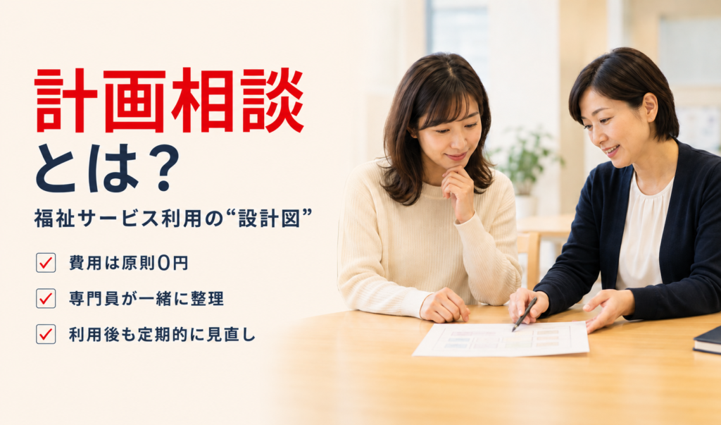 計画相談で相談支援専門員と福祉サービスの利用計画を確認する女性