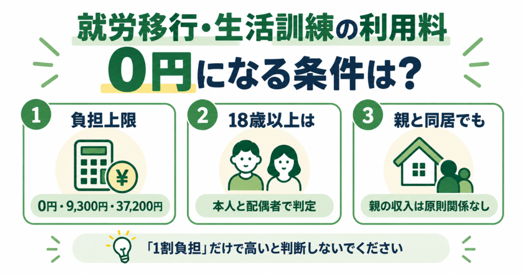 就労移行支援と生活訓練の利用料について、0円になる条件や親の収入の扱いを分かりやすく示した図
