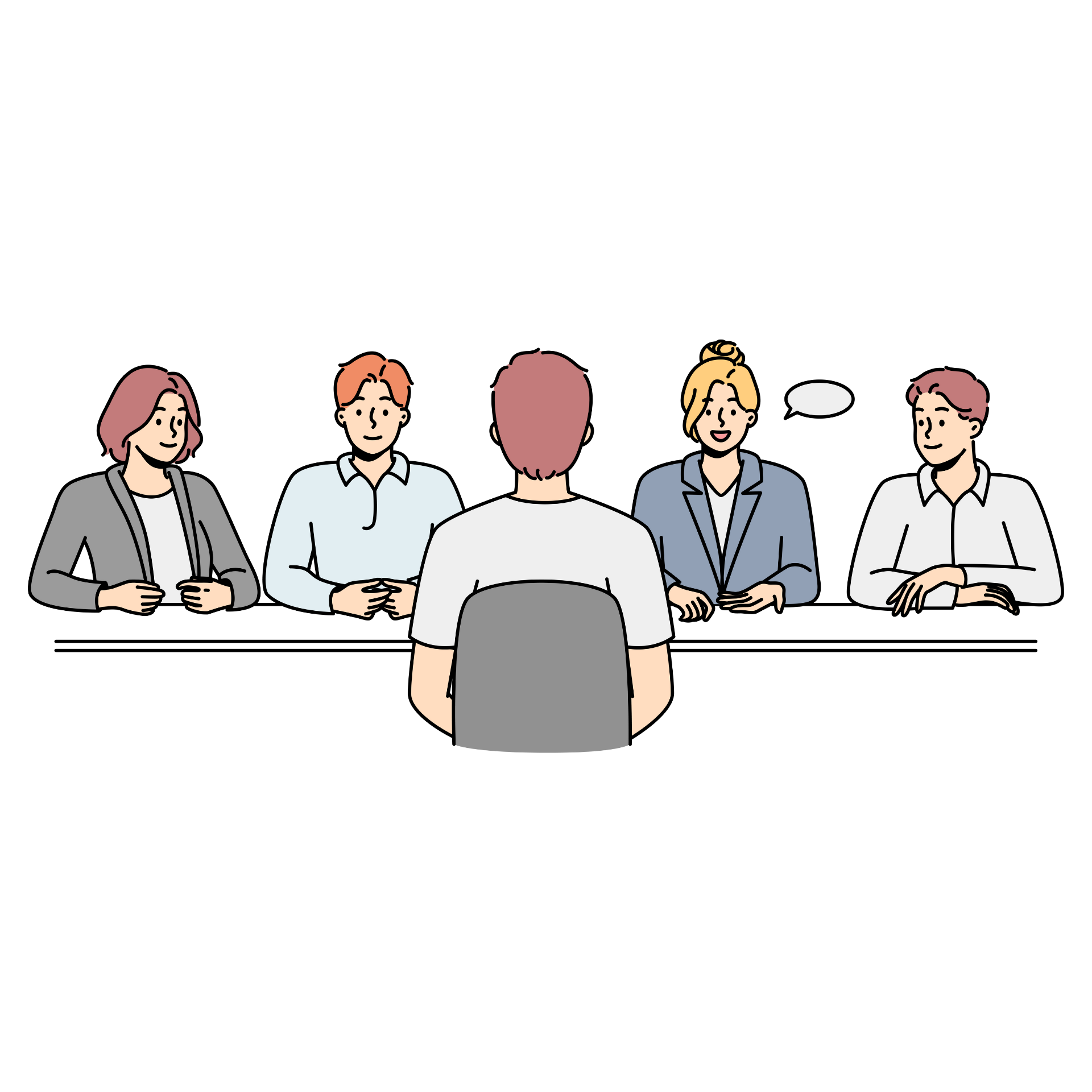 就職説明会のブースにて、中央にいる支援員が、企業担当者と利用者の間に入り、笑顔で対話の橋渡しをしているイラスト。支援員が両者の意向を理解し、安心して相談できる和やかな雰囲気が表現されている。