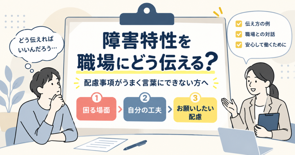 障害特性を職場に伝えるときに、困る場面・自分の工夫・お願いしたい配慮の3つで整理する方法を示したイラスト