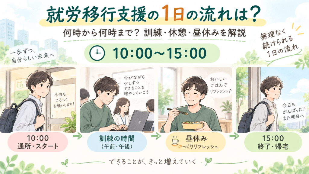 就労移行支援の1日の流れを、通所・訓練・昼休み・終了まで順番に紹介したイメージ