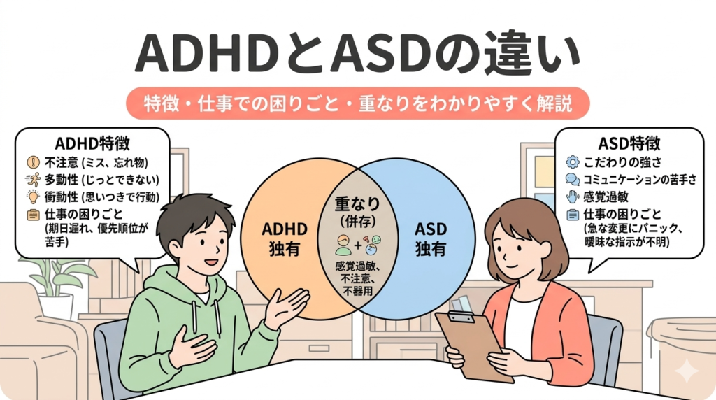 ADHDとASDの特徴の違いを示す図解。ADHD独自・ASD独自・重なり(併存)をベン図で表現。