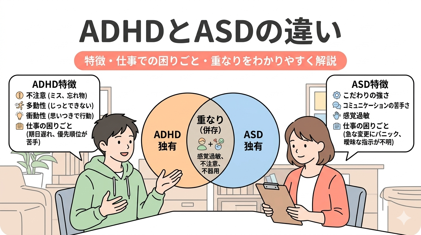 ADHDとASDの特徴の違いを示す図解。ADHD独自・ASD独自・重なり（併存）をベン図で表現。