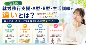 就労移行支援・就労継続支援A型・B型・生活訓練の4つのサービスの違いを図解したアイキャッチ画像