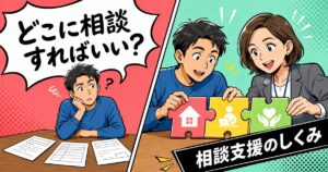 「どこに相談すればいい？」と悩む男性が、相談支援専門員と支援のしくみを整理するイラスト